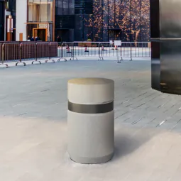 Brute concrete bollard below-ground installation view showing 400mm fixing depth and steel collar, Townscape Products                            